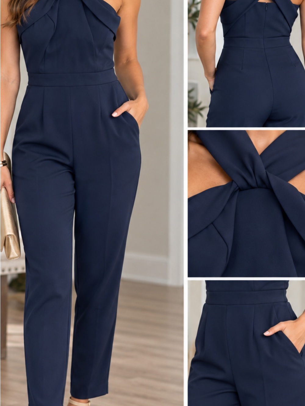 Adelyn Rae Navy Crossback Sleeveless Jumpsuit
